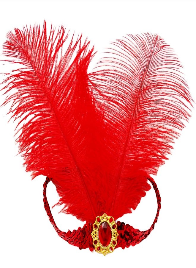 XKTEI 2 Pieces 1920s Flapper Headband,Sequins Feather Headpiece,Mardi Gras Carnival Party Headwear Costume Accessory,Women Girls (Red, Free Size) - Image 1